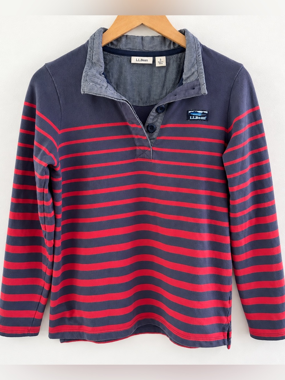 L.L.Bean Striped Rugby Henley Pullover Sweatshirt Navy Red Long Sleeve Size S